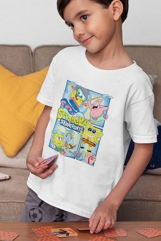 Sevbano Süngerbob Ve Patrick Baskılı Unisex Çizgi Film Çocuk Tişört 1-12 Beyaz