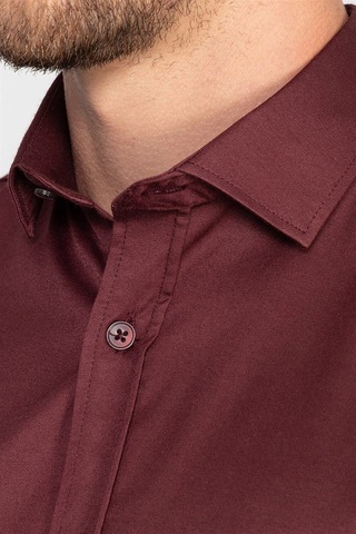 Tudors Slim Fit Uzun Kollu Likralı Düz Pamuk Saten Erkek Bordo Gömlek-19933 Bordo