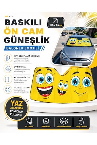 Baskılı Ön Cam Güneşlik Balonlu Emojili 135x65cm Görsel Afiş 135x65 Cm