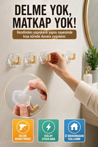 Gold Kendinden Yapışkanlı 5'li Duvar Askısı Banyo Mutfak Havlu Askılığı Buz Desen Dekoratif Seti Altın