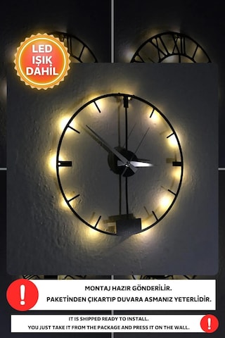 Led Işıklı Modern Duvar Saati Sessiz Dekoratif Modern Siyah Duvar Siyah