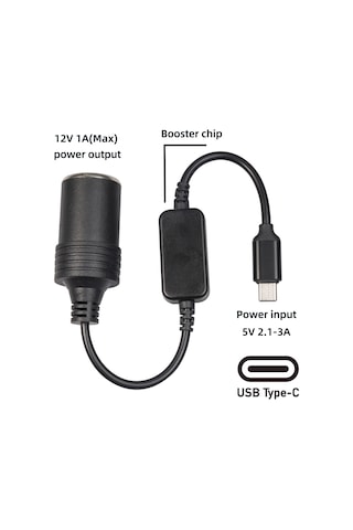 Neevoyu Sürücü Kaydedici İçin 5v'den 12v'ye 12w Güçlendirici Tipe-c'den Sigara Çakmaklı Anahtara Siyah Artırma Kablosu