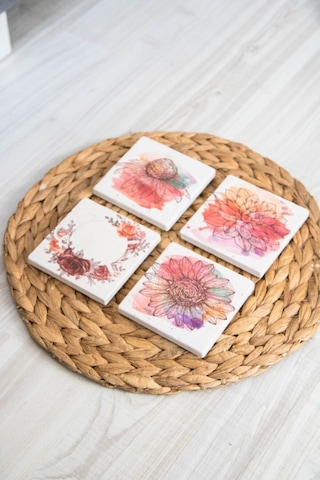 Doğal Taş Bardak Altlığı 4'lü Set 10x10x1 Cm - Çiçek Baskılı Doğaltaş Çok Renkli