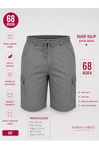 Büyük Beden Beli Lastikli İpli Kargo Cep Detaylı Pamuklu Erkek Şort Gri