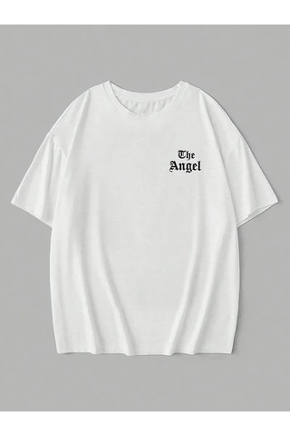 Primemagazam Kadın Kısa Kol Tişört Bisiklet Yaka Angel Melek Kanadı Baskılı T-shirt - Beyaz Çeşitli