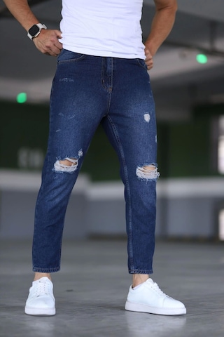 Erkek Boyfiend Yırtıklı Lacivert Kot Pantolon Lacivert