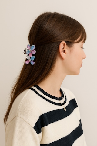 Karışık Renkli Taşlı Çiçek Gümüş Detaylı Metal Mandal Toka 4 Cm Çok Renkli