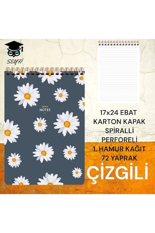 17x24 Cm Çizgili 72 Yaprak Üstten Açılır Karton Kapak Telli Defter Beyaz Sayfa 1.hamur Kağıt Perfore Çiçek