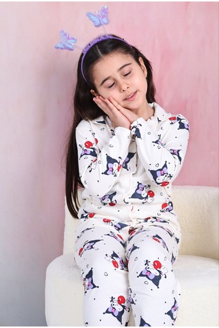 Free Beka Kız Çocuk Önden Düğmeli Kuromi Desenli Pijama Takımı %100 Pamuklu Pijama Takımı Beyaz