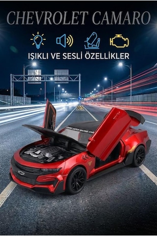 Işıklı Sesli Pilli 1:24 Ölçekli Metal Chevrolet Camaro Kapısı Kaputu Ve Bagajı Açılan Model Araba Kırmızı