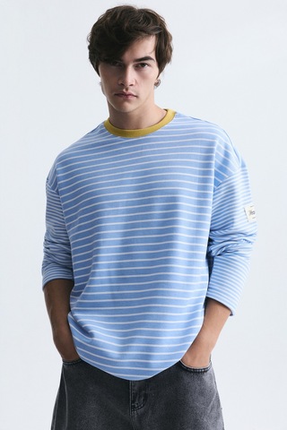 Vamos Kontrast Yaka Çizgili Sweatshirt Ekru-bebe Mavi