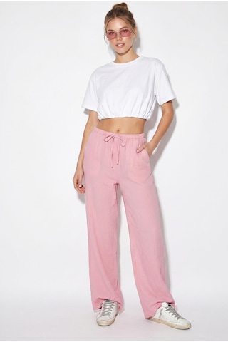 Kadın Bağcıklı Beli Lastikli Müslin Geniş Paça Pantolon Yp5502 60286190 - Pembe