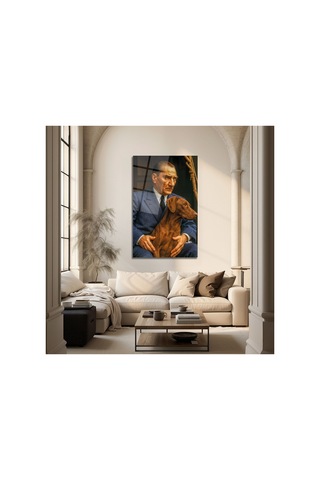 Sadakat Ve Liderlik Temalı Atatürk Ve Köpeği Cam Tablo Atatürk Temalı Dekoratif Duvar Tablosu, Salon, Ofis Ve Çalışma Alanı Dekoru,