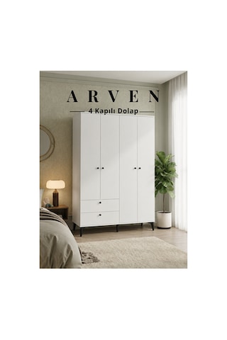 Arven 4 Kapılı 2 Çekmeceli Dolap, Gardrop Beyaz