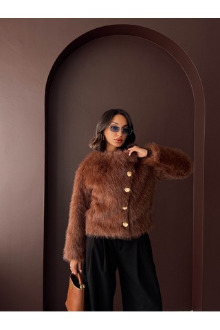 Verymoda Tavşan Tüyü Dügmeli Kaban F1970 Açık Kahve