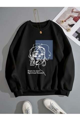 Spiritual Çizgi Figür Sweatshirt - Siyah Baskılı Oversize Kalın Kışlık Bisiklet Yaka Siyah