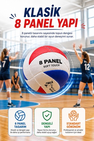 Voleybol Topu 5 No Kırmızı Mavi Soft Touch 8 Panel Dikişli Antrenman Okul Ve Oyun Topu