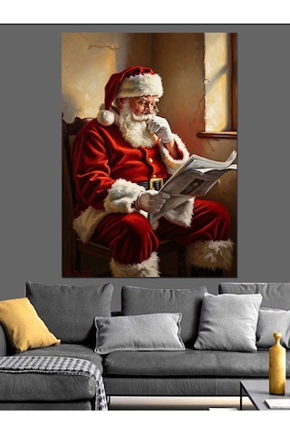 Gazete Okuyan Nostaljik Noel Baba Dekoratif Kanvas - Mdf Ahşap Tablo