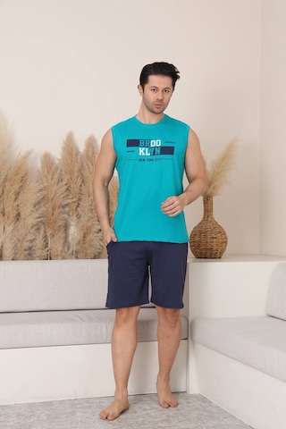 Seboteks %100 Pamuklu Kolsuz Cepli Erkek Şortlu Pijama Takımı 2011 Turkuaz