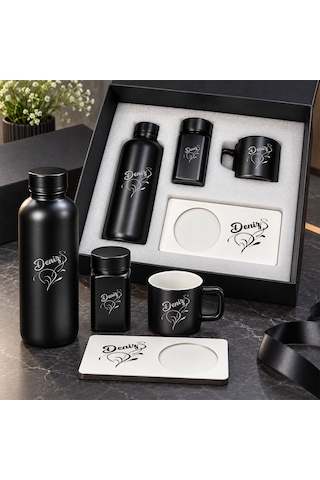 Bk Gift Kişiye Özel İsimli Siyah Cam Suluk & Kahve Fincanı & Türk Kahvesi & Mdf Bardak Altlığı - Hediye Kutulu Siyah Set-4
