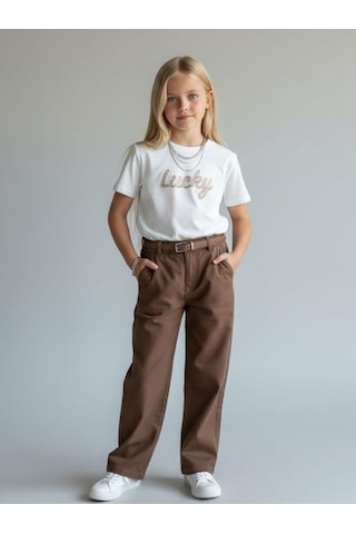Zekids Kız Çocuk Lucky Baskılı Pamuklu T-shirt-16886 Ekru Kahve