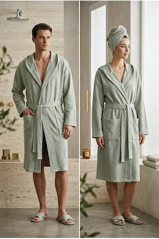 Soft Comfort Lacost Örgü Unisex Kapüşonlu Bornoz Yeşil