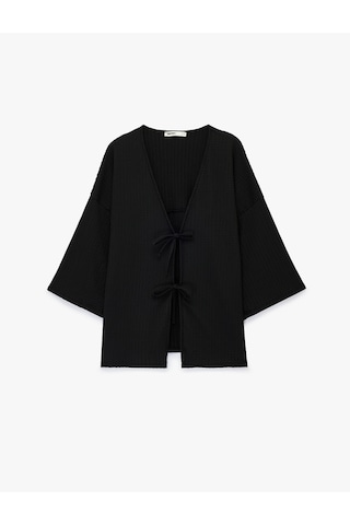 Koton Bürümcük Kumaş Geniş Uzun Kollu Bağlama Detaylı Dokulu Kimono Siyah 6sak30069ek
