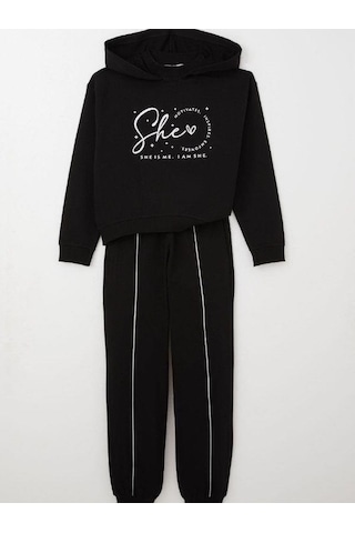 Kız Çocuk Kapüşonlu She Is Me Yazılı Eşofman Takım-15365 Siyah
