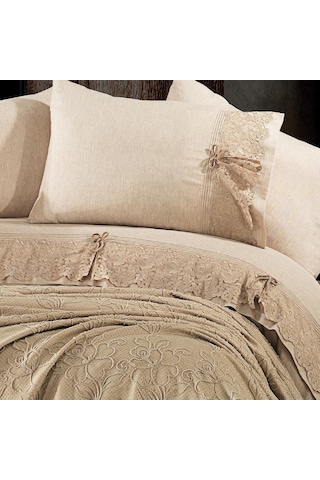 Nazik 7 Parça Pikeli Nevresim Takımı Gelin Seti Rosella Bej Diğer