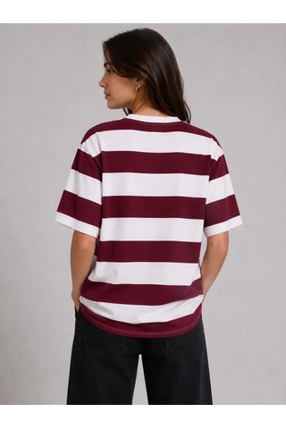 Tarzyeri Kadın Çizgili Oversize Tişört Bisiklet Yaka Kısa Kol Yazlık T-shirt - Bordo