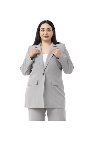 Büyük Beden Çizgili Gri Ceket Pantolon İkili Takım Gri