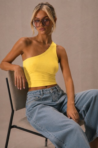 Tarz Cool Kadın Tek Omuz Crop Atlet Esnek Slim Fit Süprem Kumaş Asimetrik Yaka Bluz Sarı