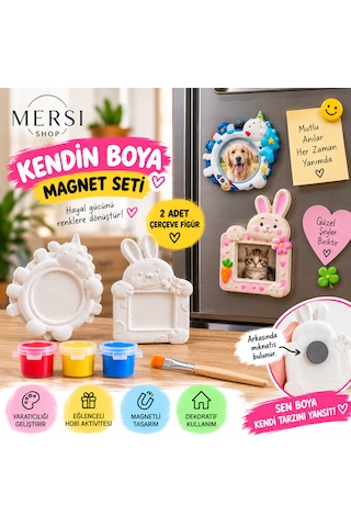 2 Li Kendin Boya Taş Tozu Magnet Seti Tavşanlı Çerçeve Figürleri Boyama Hobi Seti