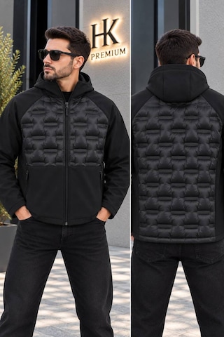 Hk Premium Erkek Parmak Baskı Kapitone %100 Polyester Hibrit Softshell Kapüşonlu Şişme Mont Siyah