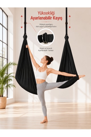Yoga Hamağı Fly Salıncağı Yükseklik Ayarlanabilir Antigravity Esnek Askılı Denge Spor Aleti Pilates Fitness Denge Esneme Gerdirme Gelişim Siyah