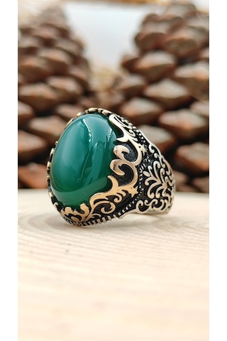Gümüş Erkek Yüzük Yeşil Akik Taşlı