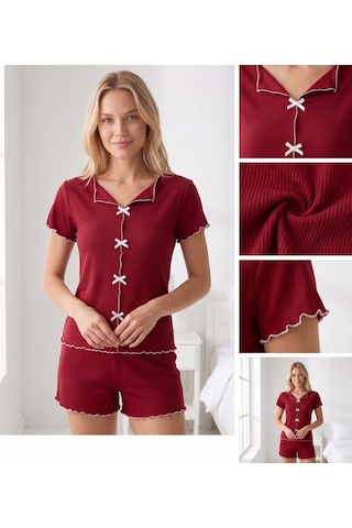 Çağrı Bies Kadın Düğmesiz Fitilli Kumaş Fiyonklu %100 Pamuk Fırfır Kısa Kol Mini Şortlu Pijama Takımı bordo