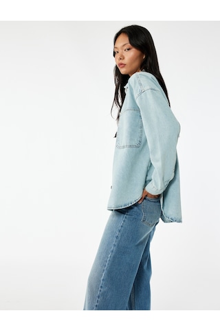 Koton Pamuklu Düğmeli Rahat Kalıp Klasik Yaka Cep Detaylı Denim Gömlek Orta İndigo 6wal60001md Indigo