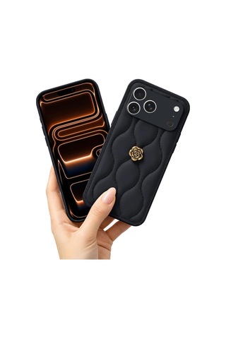 Apple İphone 17 Pro Max Uyumlu Kılıf Camellia Deri Kılıf Siyah