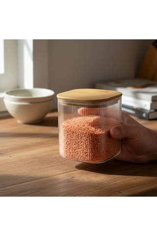 Bambu Kapaklı Kare Cam Saklama Kavanozu 10x10 Cm - Vakum Kapaklı Şeffaf Erzak Kabı Ve Mutfak Düzenleyici Organiza Diğer