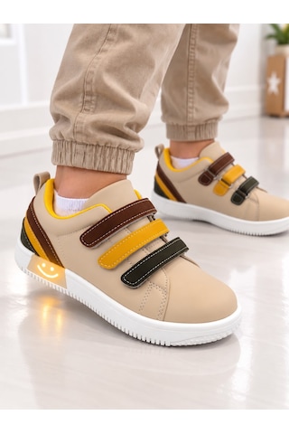 Papucumun Dünyası Çocuk Erkek/kız 3 Cırtlı Kolay Giyilir Ortopedik Işıklı Sneaker Tam Kalıp Krem