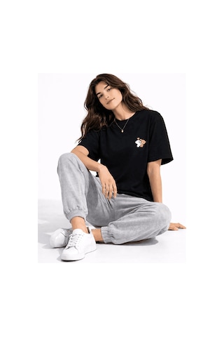 Sevgili Kombini Ayıcık Baskılı Çift Tişört Oversize Unisex Partne Siyah