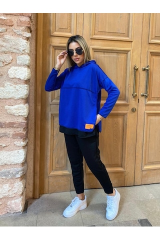 Modaserdem Kadın Kapşonlu Etek Ucu Detay Armalı Ters Dikiş Gorunumlu Ikili Takım Mavi