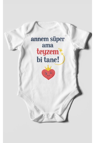 Morivokids Annem Süper Ama Teyzem Bi Tane Kısa Kollu Bebek Body %100 Pamuk Beyaz