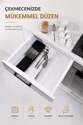 Çekmece İçi Bıçaklık Organizer Bölmeli Mutfak Düzenleyici Siyah S-11029