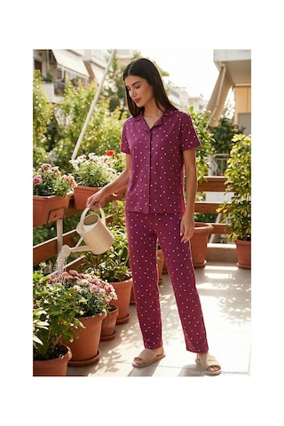 Lela Desenli Regular Fit Gömlek Yaka Bayan Pijama Takımı 65750101 Mürdüm