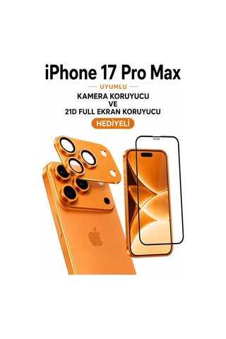 iPhone Uyumlu 17 Pro Max Taşli Kamera Koruyucu+ Ekran Koruyucu Set Turuncu