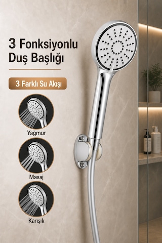 3 Fonksiyonlu Krom Duş Başlığı 150 Cm Esnek Dayanıklı Pvc Hortumlu Mafsallı Duvar Askılı Duş Seti Gri