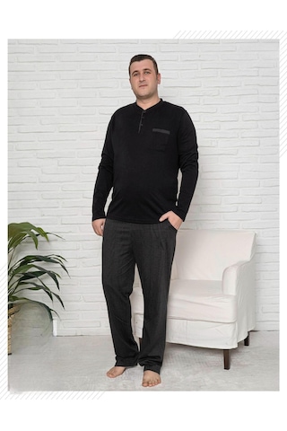 Pijamoni Erkek Battal Düğme Yaka Penye Uzun Kol Pijama Takımı 6720/17 - 1 Adet Siyah