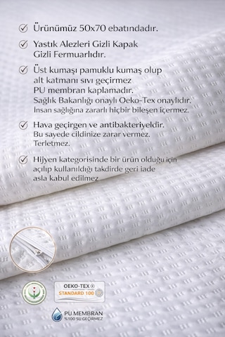 Üç Boyutlu Pamuklu %100 Sıvı Su Geçirmez 50x70 Ebat Fermuarlı Yastık Alezi 2 Adet Beyaz